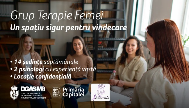 Grup de femei într-o sesiune de terapie, împărtășind gânduri și sprijinindu-se reciproc.